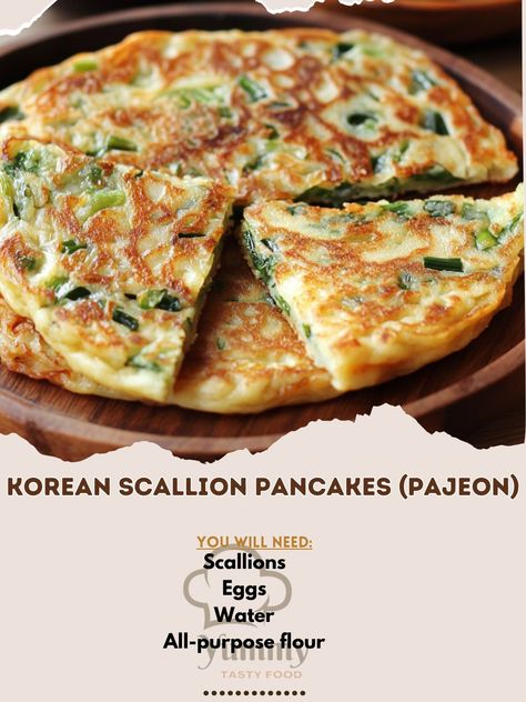 🧅 "Delight in Korean Scallion Pancakes—crispy, savory, and perfect for any occasion. A must-try for pancake lovers!" 🧅🥞 #Pajeon #KoreanPancakes Korean Scallion Pancakes (Pajeon) Ingredients: All-purpose flour (1 cup) Water (1 cup) Eggs (2, beaten) Scallions (1/2 cup, chopped) Salt (1/2 tsp) Vegetable oil (for frying) Instructions: In a bowl, mix flour, water, and beaten eggs until smooth. Stir in scallions and salt. Heat oil in a pan over medium heat. Pour batter into the pan, forming a p... Pancakes Crispy, Korean Savory Pancake, Scallion Pancakes Korean, Chinese Scallion Pancakes Recipe, Korean Spring Onion Pancake, Korean Scallion Pancake, Taiwanese Scallion Pancake, Egg Pancakes, No Egg Pancakes