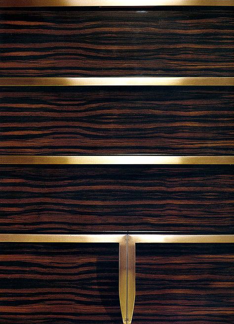 SC1015 MACASSAR CREDENZA - Credenza detail of brass and makassar ebony. Credenza Design, Macassar Ebony, Wood Finishes, Sideboard Designs, Night Table, Makassar, Night Stand, Stain Colors, Edge Design