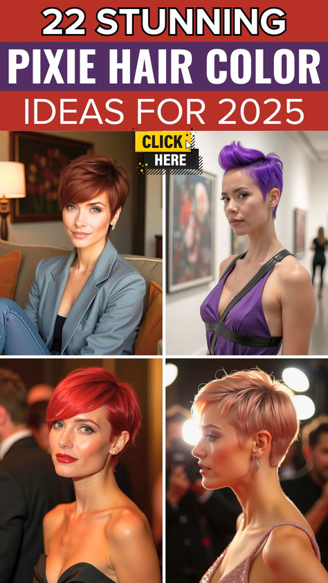 A vibrant Pinterest graphic featuring four trendy pixie hair color ideas for 2025. Top-left showcases a warm auburn pixie cut, while the top-right displays a bold purple shade. Bottom-left highlights a striking red pixie, and the bottom-right features a soft rose gold hue. The title reads 22 Stunning Pixie Hair Color Ideas for 2025, with a click here button encouraging viewers to explore these chic looks. Pixie Strawberry Blonde Hair, Long Pixie Hair Color Ideas, Fun Short Hair Color Ideas, Colorful Hair Ideas For Short Hair, Cherry Cola Pixie Hair, Short Hair Color And Highlights, Vivid Pixie Hair, Very Short Hair Color, Hair Color For Short Hair Pixie