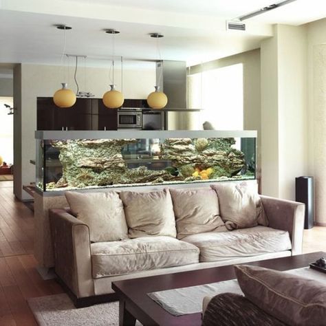 22 Spectacular Room Dividers With Modern Aquarium | HomeMydesign Large Fish Tank, Family Friendly Living Room, Bamboo Room Divider, Living Room Divider, Hanging Room Dividers, Divider Design, Small Living Room Design, Home Aquarium, Aquarium Design