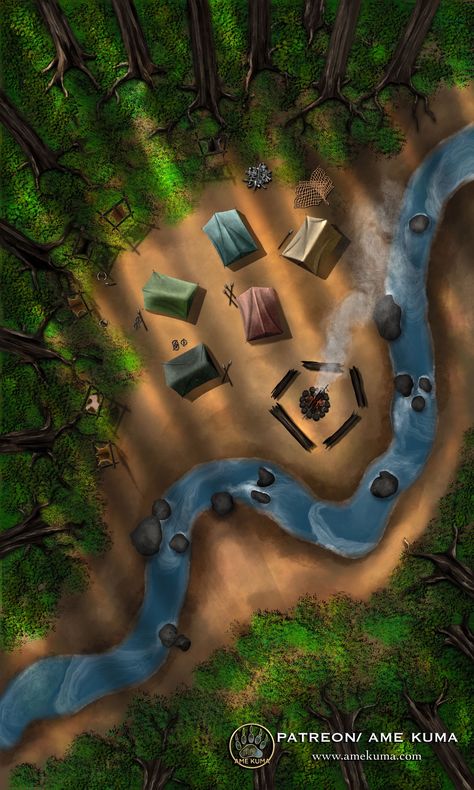 Dnd Campsite, Camp Battlemap, Fur Robes, Dnd Locations, Tanning Hides, Camping Pants, Session 9, Dnd World Map, Forest Camp