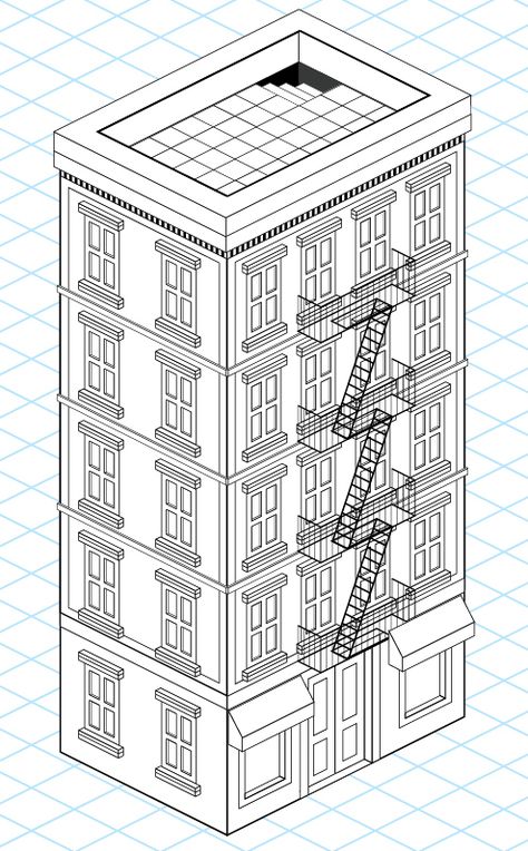 In this tutorial we will be creating an isometric building using several tools, such as Blend, Offset Path and the Pathfinder panel. Let's begin!   Step 1 The very first thing that we need to do is... Architecture Isometric Illustration, Isometric Pixel Art Building, Building Sketches, Isometric Drawings, Isometric Building, Isometric Paper, Summer At Home, Interior Design Portfolio Layout, Perspective Drawing Architecture