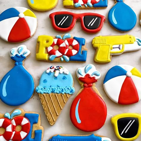 Boys Summer Birthday Party Themes, Boy Summer Birthday Party Themes, Pool Party 3rd Birthday, 1st Birthday Boy Pool Party Ideas, Splish Splash Birthday Party Cake, Dive Into 5 Birthday Party Boy, Pool Birthday Party Ideas For Boys, Pool Party Cookies Decorated, Pool Party Cake Ideas Boys