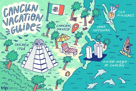 Cancun Guide: Planning Your Trip Cancun Drawing, Cancun Map, Cancun Travel Guide, Cancun Quintana Roo, Cancun Trip, Ashley Nicole, Quintana Roo, Summer Projects, Illustrated Map