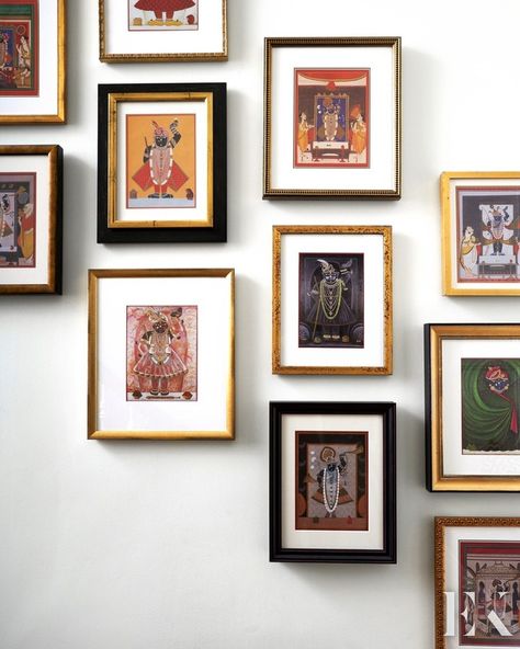 Elizabeth Krueger Design on Instagram: “Still reflecting on our client’s personal, and striking, collection of Indian Deity art.  #EKDoriginal . Photo: @mikeyschwartz . . .…” Indian Gallery Wall, Gallery Wall Indian, Kamadhenu Wall Art, Deity Art, Jehangir Art Gallery Mumbai, Mumbai Art Gallery, Home Redesign, Stair Art, Contemporary Residence