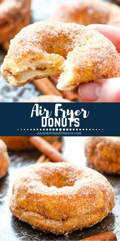 Air Fryer Donuts are the perfect easy breakfast treat! This great air fryer recipe is made with refrigerated biscuits that are fried in your air fryer for a few minutes and then tossed in butter and in a cinnamon sugar mixture. When you are craving homemade doughnuts and are short on time take these biscuits, toss them in your air fryer and enjoy a warm flaky donut in minutes! #airfryer #recipe via @julieseats Air Fryer Doughnut Recipes Biscuit, Air Fry Biscuit Doughnut, Air Fryer Doughnuts Easy, Air Fryer Cinnamon Sugar Donut Holes, Donuts From Biscuits Air Fryer, Air Fry Donuts From Biscuits, Breakfast In The Air Fryer, 5 Min Breakfast Ideas, Air Fryer Donut Recipes