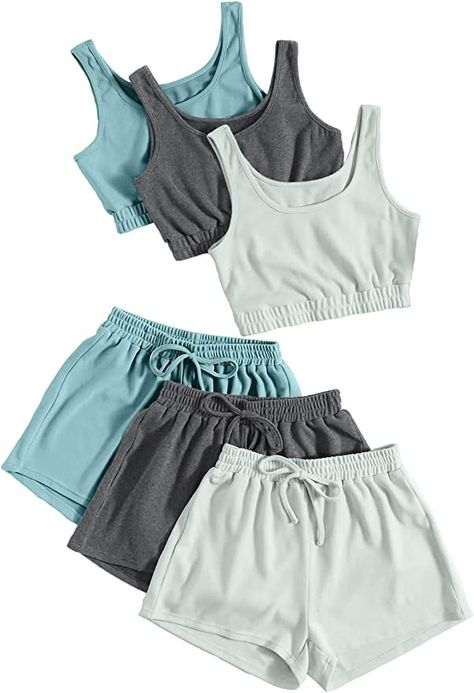 SheIn Women's 6 Pieces Outfits Tank Crop Top and Elastic Waist Shorts Lounge Set Multicolor Grey Large at Amazon Women’s Clothing store Pieces Outfits, Maroon Pants, Tank Crop Top, Tie Waist Pants, Tank Outfit, Solid Tank Tops, Slim Fit Top, Cute Pajamas, Crop Tank Top