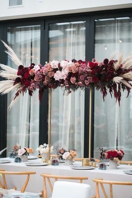 tall floating over the table wedding centerpiece Moody Color Scheme, Pink And Burgundy Wedding, Gold And Burgundy Wedding, Moody Color Palette, Mauve Roses, Gold Wedding Centerpieces, Burgundy And Blush Wedding, Blush Bridal Showers, Inside Weddings