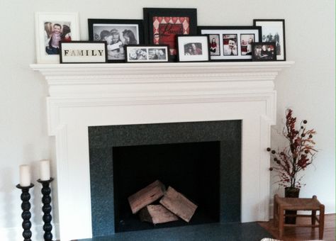 Mantle ideas Fireplace Mantle Pictures, Picture Mantle Display, Family Pictures On Mantle, Photos On Mantle Ideas, Mantel With Picture Frames, Family Photos On Mantle, Fireplace Mantle Picture Display, Pictures On Fireplace Mantle, Mantel Decorating Ideas With Pictures