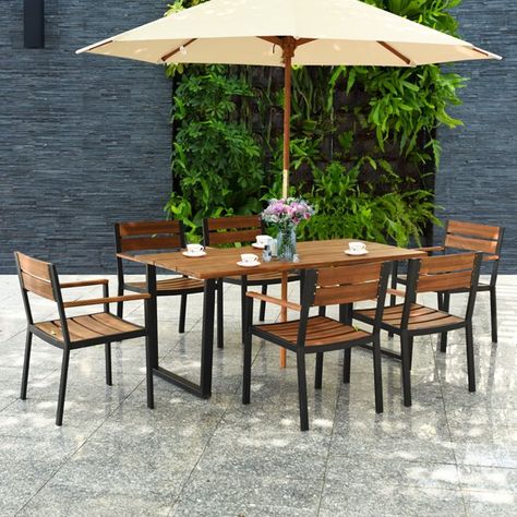 Costway 7PCS Patio Dining Chair Table Set Acacia Wood Backyard W/Umbrella Hole - Walmart.com Patio Gardens, Outdoor Dining Table Setting, Patio Dining Furniture, Rattan Dining Table, Acacia Wood Table, Chair Table, Dining Furniture Sets, Rectangle Dining Table, Patio Dining Table