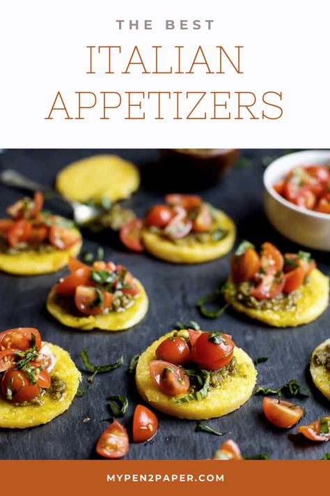 These four recipes make the perfect Italian dinner! These quick authentic appetizers have blends of savory and sweet that will make your mouth water. If you don't have time to prepare a big main dish, simply whip up a few of these easy appetizers. Bruschetta, pesto polenta bites, prosciutto and melon, and croquettes...don't miss out! #pen2paper #Italianfood #dinner Italian Appetizers Authentic, Italian Dinner Appetizers Parties, Gourmet Italian Appetizers, Italian Amuse Bouche, Simple Italian Appetizers Snacks, Winter Italian Appetizers, Appetizer For Italian Dinner, Italian Appetizers Party Finger Foods, Quick Starters Recipes