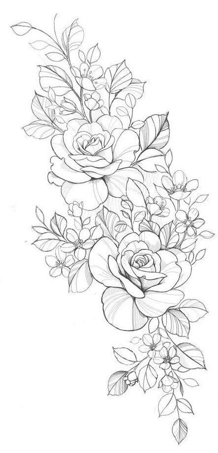 Floral Sleeve Stencil, Peonies And Roses Tattoo, Fine Line Rose Tattoo, Fine Line Flower Tattoo, Flower Hip Tattoos, Hip Tattoo Designs, Floral Tattoo Shoulder, Rose Tattoo Sleeve, Stencil Ideas