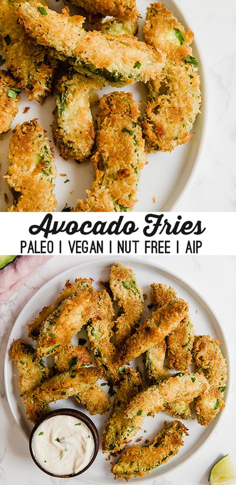 These crispy avocado fries are the perfect snack! They're paleo, gluten free, nut free, AIP, and vegan. Vegan Paleo Snacks, Aip Avocado Recipes, Paleo Snack Recipes, Crispy Avocado, Vegan Snacks On The Go, Eating Avocado, Vegan Avocado Recipes, Paleo Vegetarian Recipes, Paleo Snack