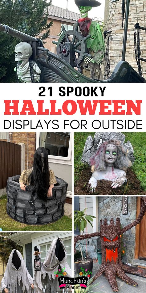 spooky halloween displays outside Halloween Outdoor Ideas Yard Decorations, Halloween Graveyard Display, Halloween Driveway Entrance, Yard Decor Halloween Diy, Pennywise Yard Decoration, Funny Halloween Displays, Front Yard Halloween Themes, Easy Yard Halloween Decorations, Spooky Halloween Yard Ideas