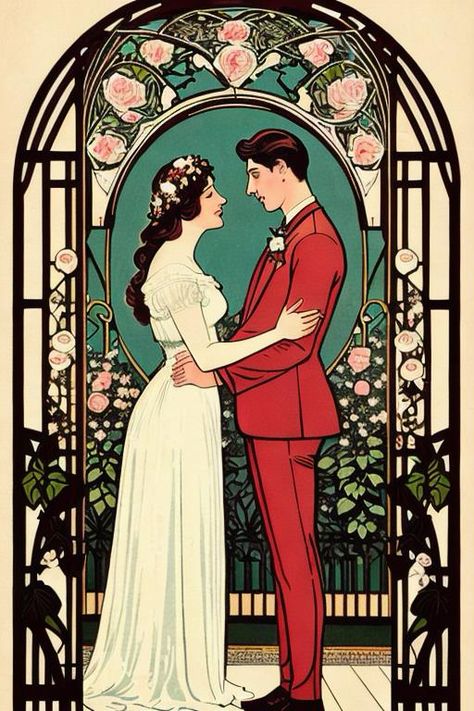 Lovers Meet Under The Roses. Vintage Art Nouveau Illustration. https://apps.apple.com/us/app/genzart-ai-art-generator/id1669915100 Art Nouveau Lovers, Art Nouveau Couple Illustration, Romantic Pastoral Art Nouveau, Art Nouveau Couple, Art Nouveau Men, Nouveau Illustration, Nouveau Wedding, Long Art, Art Nouveau Weddings