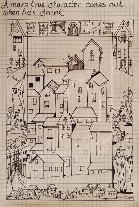 Christmas City Drawing, Drawing Buildings Sketch Easy, Doodle Worksheets, Building Doodles, Street Doodle, House Drawings, House Doodle, Graph Paper Designs, Graph Paper Drawings