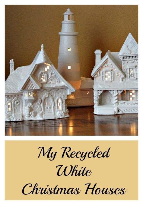 White Christmas houses - my diy.  Amazing what one can of spray paint can do to modernize your white Christmas houses.  Detailed tutorial included in post. - Momcrieff White Christmas Houses, White Christmas Diy, Porcelain Decor, Diy Christmas Village, White Reindeer, Christmas Houses, Christmas Village Houses, Christmas Village Display, Paper House