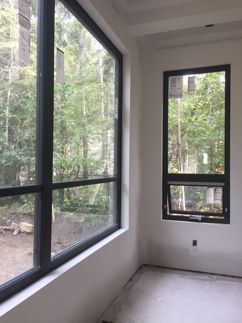 Black inside windows, no sill No Window Trim Look, Interior Window No Trim, Interior Trim Black Windows, No Trim Windows Modern, Black Inside Window Trim, Drywall Around Window, Dry Wall Return Window, White Wall Black Window Trim, Black Bedroom Windows