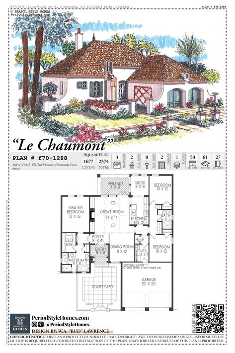 A predesigned house plan with a color 3D rendering of the front elevation. The floor plan is shown with all of the stats and features of the plan. A QR code links to the webpage where the plan can be purchased. Greece House Plans, French Colonial Cottage, Greek Cottage House, French Cottage Plans, French House Layout, French Cottage Floor Plans, Mediterranean Home Floor Plans, Spanish Home Plans, Spanish Style Floor Plans