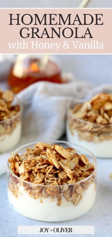 Homemade Granola with Honey and Vanilla is a perfect way to start your day or a great midday snack. Made with gluten-free oats, sliced almonds, cinnamon, unsalted butter, brown sugar, honey, and vanilla bean, granola is so versatile and can be enjoyed in so many ways. This Granola is the perfect addition to a yogurt parfait or over a bowl of fresh fruit. It is crunchy, chewy, sweet, and full of honey and vanilla flavor. Gronala Recipes, Homemade Vanilla Granola, Homemade Granola For Yogurt, Granola Recipe With Honey, Honey Vanilla Granola Recipe, Vanilla Granola Recipe, Vanilla Almond Granola Recipe, Honey Granola Recipe, Honey Vanilla Granola