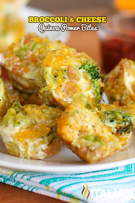 Broccoli and Cheese Quinoa Power Bites..... Wow these came out amazing, didn't add a ton of cheese and kept it light. Dollop of Greek yogurt and dusted in paprika completed this protein packed breakfast muffin. ! Zucchini Shredded, Cheese Quinoa, Power Bites, Quinoa Bites, Cooked Quinoa, Food Combinations, The Slow Roasted Italian, Broccoli Cheese, Cheese Bites