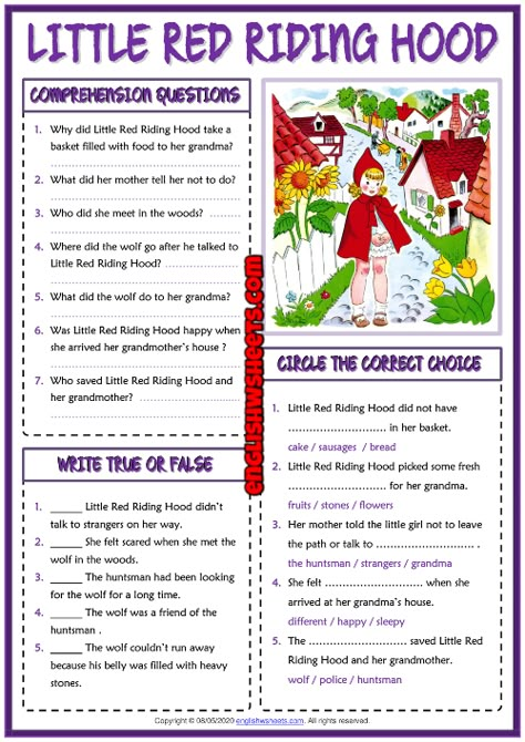 Little Red Riding Hood ESL Reading Comprehension Questions Worksheet Esl Reading Comprehension, Esl Reading, Reading Comprehension Kindergarten, Third Grade Writing, Horror Tale, Elementary Learning, Reading Comprehension Questions, English Grammar Worksheets, Reading Comprehension Skills