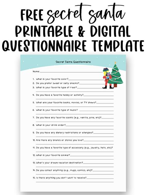 Download a free Secret Santa questionnaire printable or use the Google Form to help find make your Secret Santa gift exchange fun and easy this holiday season! Free Secret Santa Questionnaire, Free Secret Santa, Secret Santa Printable, Secret Santa Questionnaire Printable, Secret Santa Templates, Family Binder Printables, Santa Questionnaire, Secret Santa Questionnaire, Santa Printable