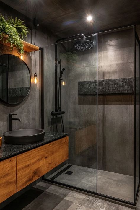 Spa Bathroom Ideas Dark, Bathroom Design For Men, Black And Gray Small Bathroom Ideas, Bathroom Dark Grey Cabinets, Modern Cabin Interior Bathroom, Black And Wooden Bathroom, Black Bathroom With Wood Accents, Small Dark Bathroom Aesthetic, Minimalist Dark Bathroom