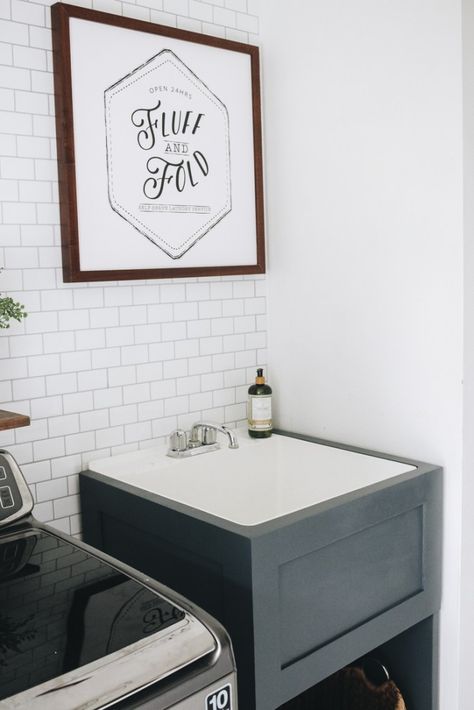 Laundry Room With Sink Makeover, Hide Utility Sink, Utility Sink With Cabinet, Small Utility Sink, Utility Sink Makeover, Faux Cabinet, Laundry Room Utility Sink, Sink With Cabinet, Sink Makeover