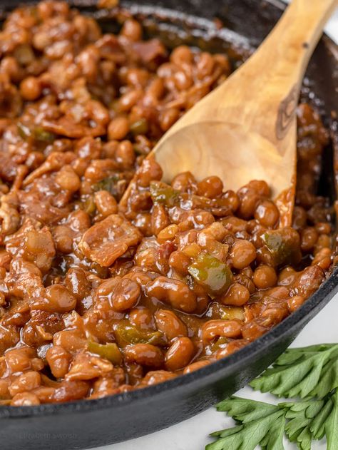 Smoked Baked Beans with Bacon - Entirely Elizabeth Smoked Baked Beans In Smoker, Smoked Baked Beans, Entirely Elizabeth, Chili Cheese Nachos, Baked Beans With Bacon, Small Slow Cooker, Lemon Pepper Wings, Bean Recipe, Bbq Sides