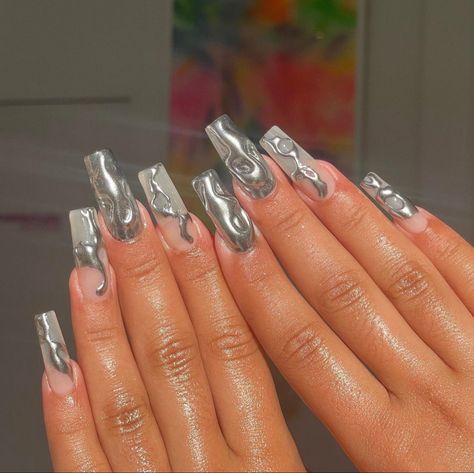 Raised Chrome Nails, Melting Chrome Nails, Chromatic Nails Silver, Chrome Droplet Nails, Molten Silver Nails, Molten Metal Chrome Nails, Chrome Builder Gel Nails, Molten Chrome Nails, Molten Nails