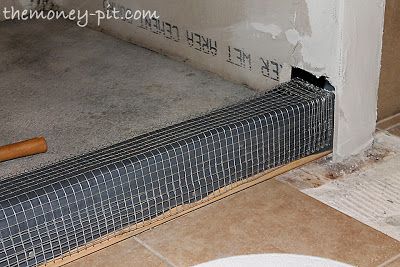 Master Bathroom Days 11-13: Shower Curb, Waterproofing and Floor Repair via www.TheKimSixFix.com Shower Curb, Diy Home Improvement, My House, Tile Floor, Home Improvement, Repair, Shower