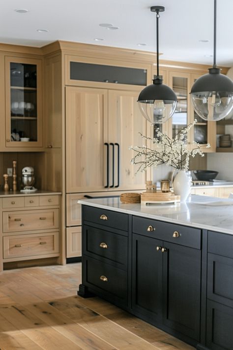 Raw Wood Cabinets Kitchen, Island Different Color Than Cabinets, Black Island Kitchen, Tall Ceiling Kitchen, Island Kitchen Ideas, Natural Wood Kitchen Cabinets, White Wood Kitchens, Moms Kitchen, Light Wood Kitchens