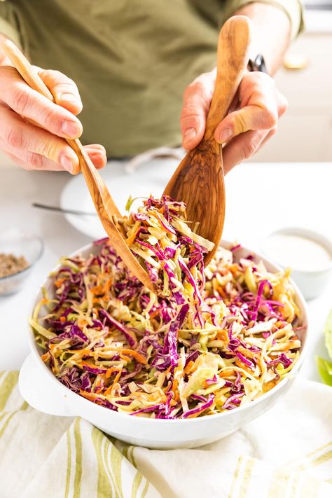 Whether attending a picnic or barbecue, this vinegar-based coleslaw side dish is a must-make! The dressing is a summer staple and when paired with coleslaw, it makes for the perfect crunch! | wyseguide.com #coleslaw #barbecue #picnic Yummy Coleslaw Recipe, Traditional Coleslaw Recipe, Summer Slaw, Pineapple Coleslaw, Red Cabbage Slaw, Apple Slaw, Radish Salad, Cole Slaw, Side Dish Recipes Easy