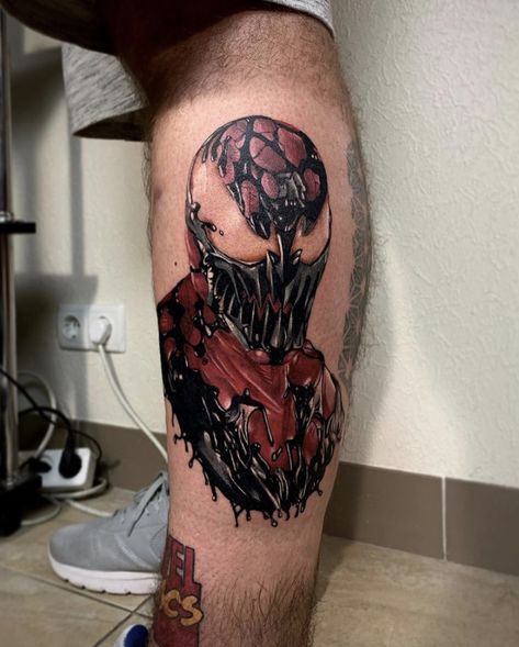 Cagnage tattoo, Marvel tattoo, color tattoo, tattoo idea, tattoo design, realistic Carnage Tattoo, Man Tattoos, Venom Tattoo, Carnage Marvel, Man Tattoo, Idea Tattoo, Marvel Tattoos, Tattoo Color, Calf Tattoo