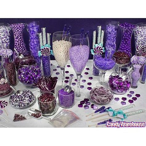 Purple Candy Bar, Purple Candy Buffet, Candy Buffet Wedding, Candy Bar Wedding, Candy Station, Purple Candy, Purple Party, White Candy, Candy Table