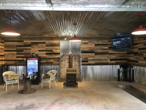 Corrugated Tin Ceiling Basement, Garage Walls Wood Boards & Planks, Pallet Wood Garage Walls, Easy Basement Wall Ideas, Tin Sheets On Wall, Pallet Garage Wall, Pallet Wall Garage, Tin And Pallet Walls, Tin And Shiplap Walls