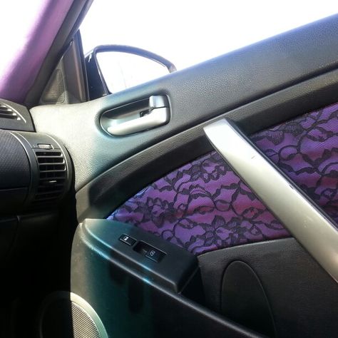 '04 Infiniti G35 coupe Car interior - purple iridescent overlayed with black lace. Girl customed. Dark Purple Car Interior, Purple Car Mods, Goth Car Mods, Car Decorations Interior Goth, Car Mods Interior Purple, Black And Purple Car Interior, Customized Car Interior, 2000s Car Interior, Purple Car Interior Aesthetic