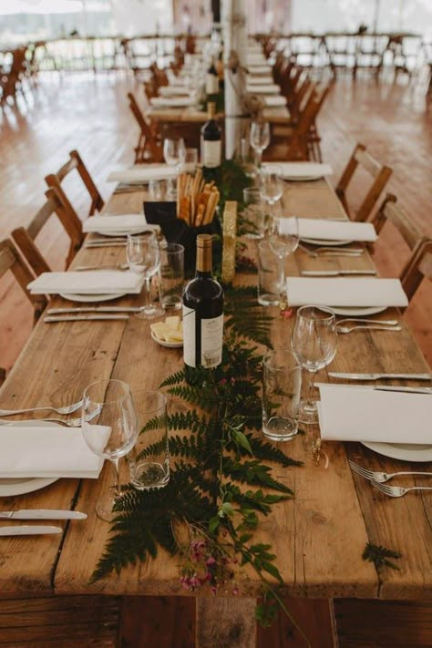 What To Put On Your Farm Table to Make Your Wedding Reception Beautifully Yours Wedding Reception Tablescapes, Fern Wedding, Farmhouse Table Centerpieces, Reception Tablescapes, Camp Wedding, Van Nuys, Scottish Wedding, Wedding Table Settings, Wedding Table Centerpieces