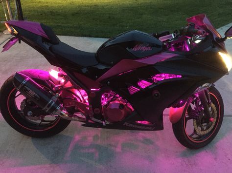 Pink Ninja 300 woman's  motorcycle Motorbike Kawasaki Ninja, Light Up Motorcycle, Pink Ninja Motorcycle, Kawasaki Ninja Black And Purple, Motorcycle With Lights, Pink Kawasaki Ninja 300, Custom Kawasaki Ninja, Pink Kawasaki Ninja 400, Street Bikes For Women