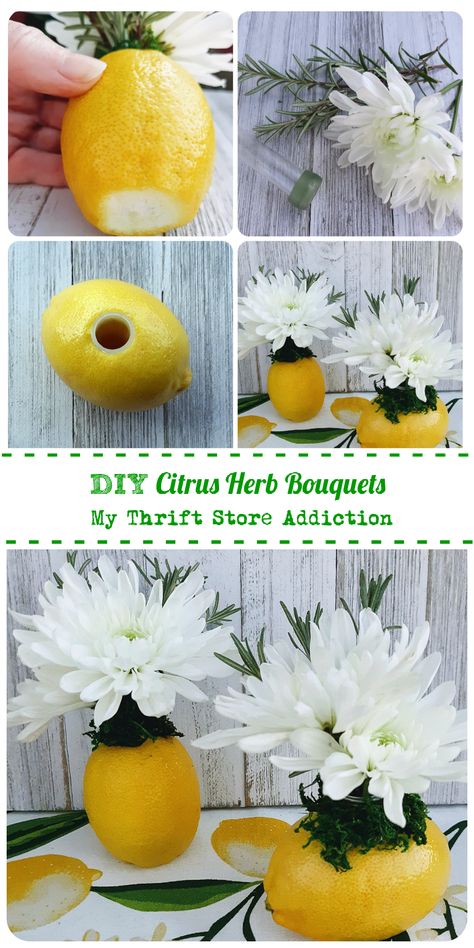 Learn how to create fresh citrus herb bouquets in 3 easy steps! Lemon Theme Centerpiece Ideas, Lemon Theme Party Decorations Diy, Lemon Arrangements, Citrus Themed Centerpieces, Citrus Centerpiece Ideas, Summer Arrangements, Lemon Bridal Shower Centerpiece, Lemon Centerpiece, Decorating With Lemons