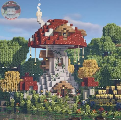 Minecraft Mushroom Tower, Minecraft Fairy House, Pretty Minecraft Houses, Minecraft Barn, Cottagecore Minecraft, Minecraft Structures, Bangunan Minecraft, Tiny Mushroom, Any Pronouns