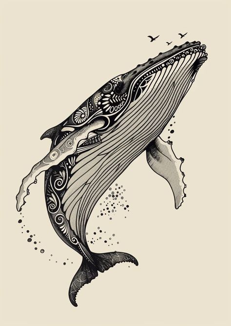 Zentangle Animals Art, Line Mandala, Humpback Whale Tattoo, Whale Sketch, Whale Drawing, Ocean Drawing, Black Tattoo Cover Up, Inspirational Digital Art, Art Deco Paintings