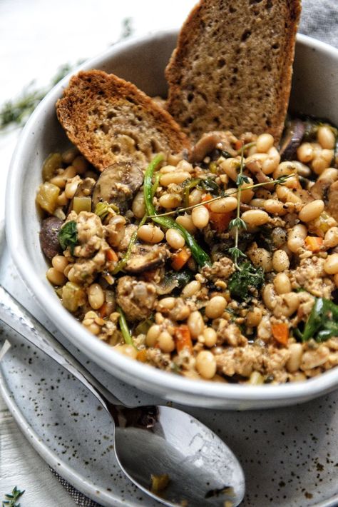 Vegan Cassoulet Recipe, White Bean Cassoulet Recipe, Vegan Cassoulet, White Bean Cassoulet, Navy Bean Recipes, Bean Cassoulet, Cassoulet Recipe, Vegan Aesthetic, Vegan Food Photography