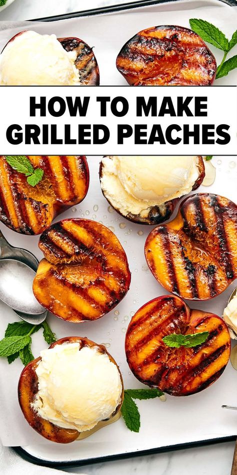 Grilled peaches recipe Peaches With Ice Cream, Peach Appetizer, Peach And Burrata, Grilled Peaches Recipe, Grilled Peach Salad, Cookout Side Dishes, Burrata Salad, Vegan Grilling, Easy Grilling