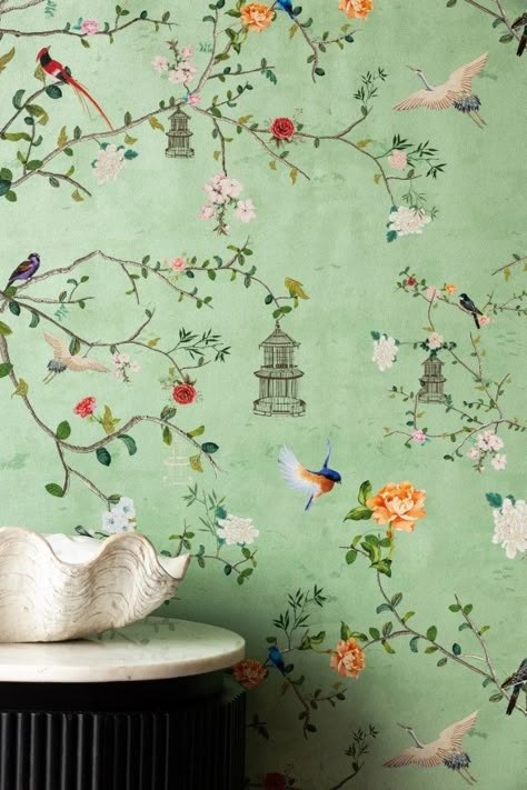 Vintage Japanese Wallpaper, Green Tea Wallpaper, Chinoiserie Patterns, Wallpaper Decor Ideas, Green Chinoiserie, Green Floral Wallpaper, Tea Wallpaper, Modern Chinoiserie, Japanese Wallpaper