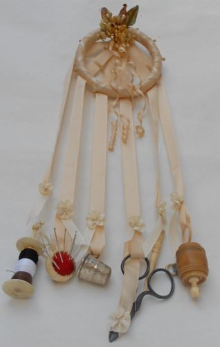 STUNNING-ANTIQUE-VICTORIAN-HAND-MADE-RIBBONS-BONE-SEWING-CHATELAINE-6-PIECES Sewing Chatelaine, Dance Cards, Victorian Accessories, Victorian Era Fashion, Victorian Hand, Vintage Sewing Notions, Sewing Things, Victorian Clothing, Steampunk Design