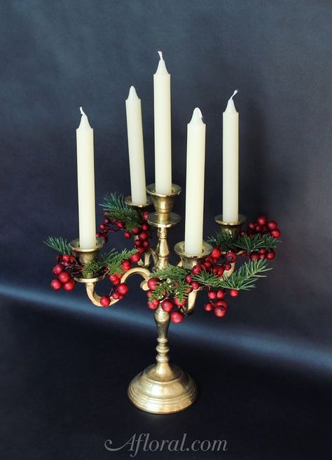 Christmas Candelabra Decor, Christmas Candleabra Centerpiece, Christmas Candleabras, Candleabra Ideas, Unity Candle Diy, Candelabra Flowers, Christmas Candelabra, Williamsburg Christmas, Gold Candelabra