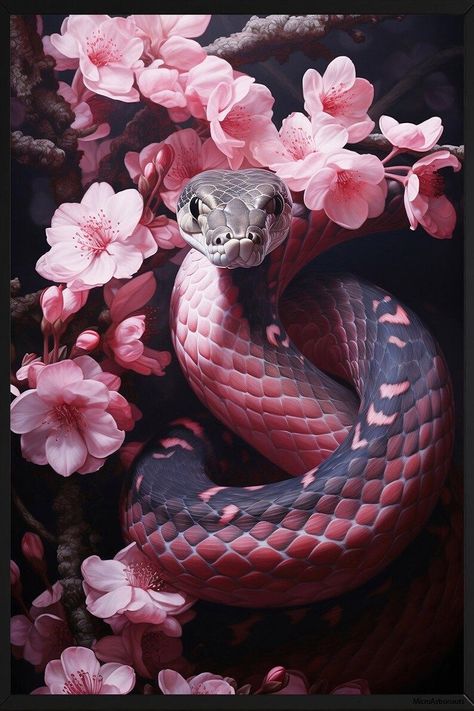 Skull And Snake Wallpaper, Snake Coiled Up, Pink Snake Aesthetic, Snake Background Aesthetic, Snake Asethic, Pink Snake Wallpaper, Pink Snake Tattoo, Snake Art Aesthetic, Snake In Flowers