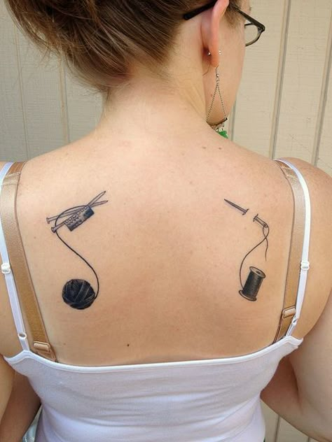 My new tattoos! A ball of yarn and knitting needles on the left shoulder blade and a spool of threading and sewing needle on the right. Sewing Tattoo Design, Knitting Tattoos, Sewing Tattoo, Nana Tattoo, Yarn Tattoo, Knitting Tattoo, Sewing Tattoos, Crochet Tattoo, Ball Of Yarn